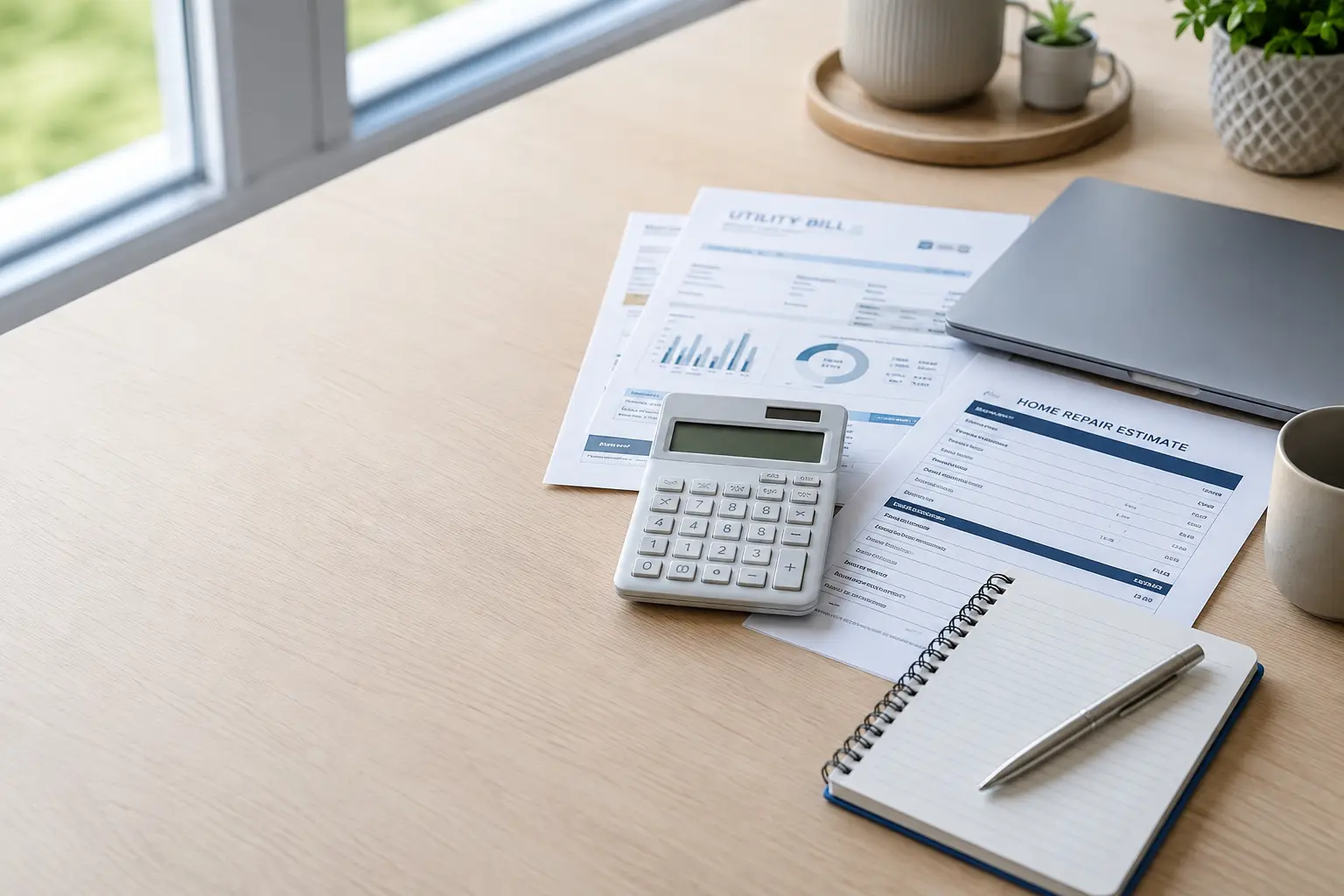 Calculator, utility bills, and home repair estimate arranged on a bright desk