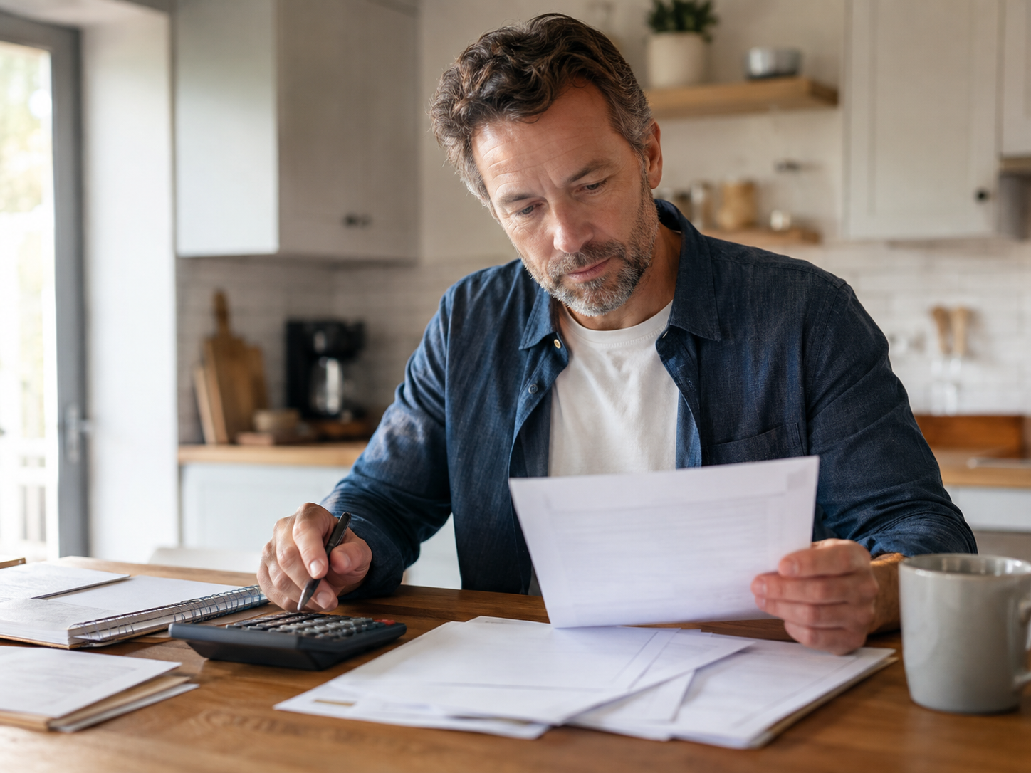 A person reviewing household bills and paperwork at the kitchen table.