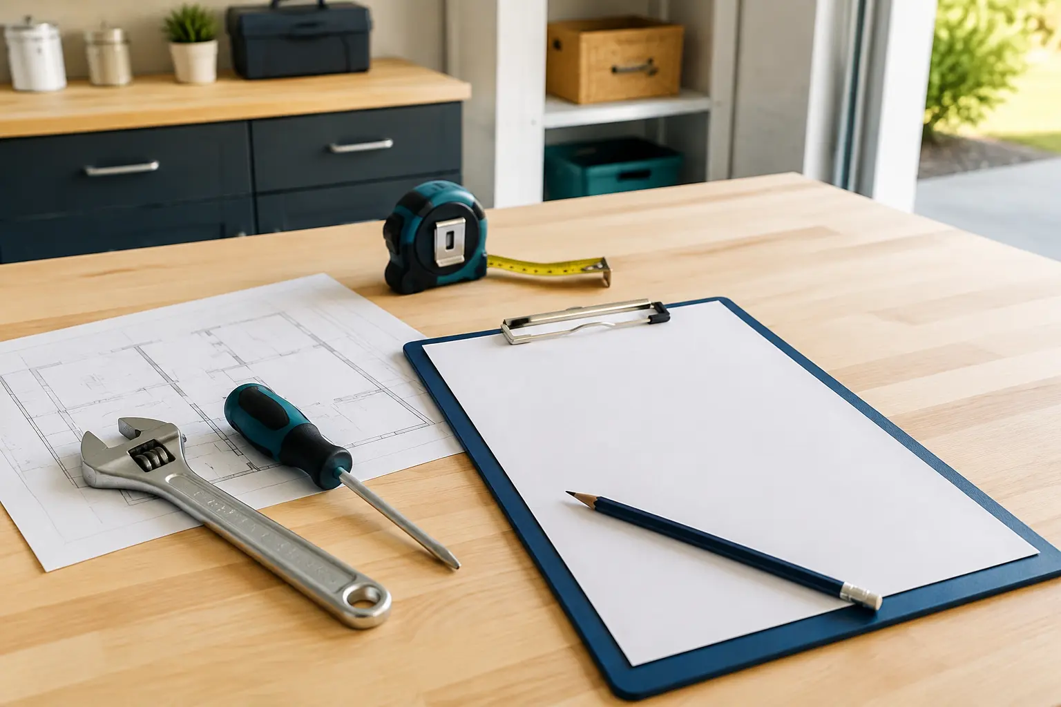 Home repair tools, blueprint, and blank estimate clipboard